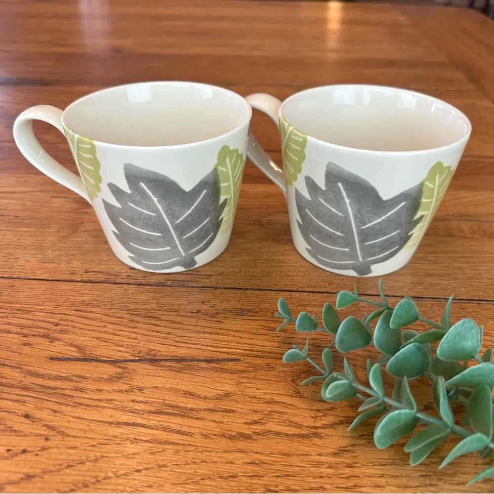 2 Crate & Barrel by Barbara Eigen Ivory Mugs With Painted Leaves 3” High